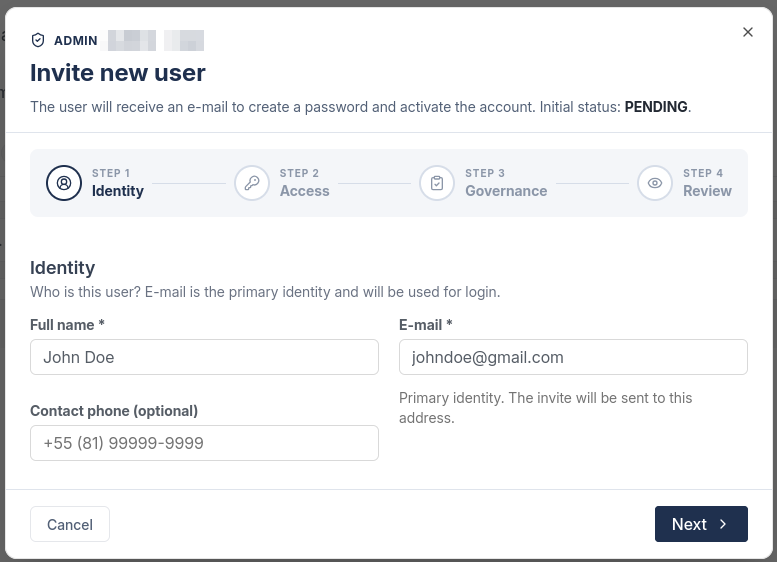 Step 1 of the invite, with the full name, e-mail and contact phone fields