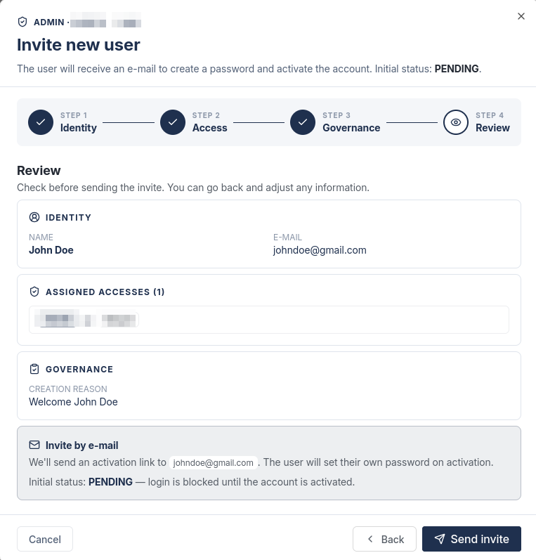 Step 4 of the invite, showing the summary and the Send invite button